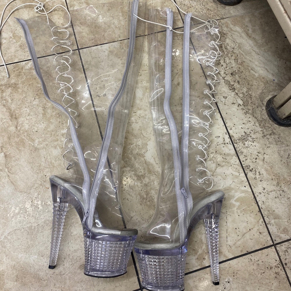 Clear thigh high lace up pleasers open toe 7